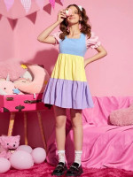 Teen Girls Puff Sleeve Colorblock Dress