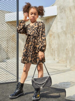 Girls Leopard Print Lantern Sleeve Belted Dress