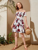 Teen Girls Off Shoulder Shirred Bodice Floral Print Dress