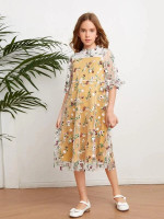 Girls Floral Embroidery Mesh Overlay Dress