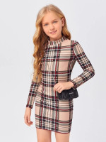 Girls Mock Neck Plaid Fitted Dress