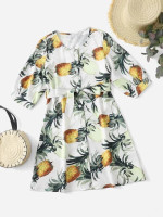 Girls Pineapple Print Button Front Belted Shirt Dress