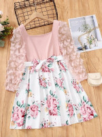 Girls Floral Print Square Neck Butterfly Appliques Belted Dress