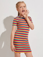 Girls Slit Hem Colorful Striped Rib-knit Dress