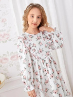 Girls Allover Floral Print Ruffle Trim Dress