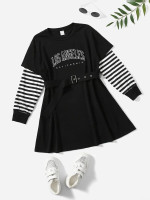Girls Striped & Letter Graphic Belted 2 In 1 Dress