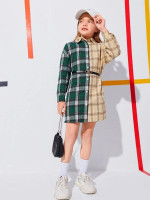Girls Tartan & Colorblock Print Drop Shoulder Dress Without Belt