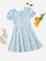 Girls Allover Floral Print Ruched Puff Sleeve Dress