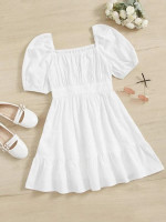 Girls Solid Square Neck Dress