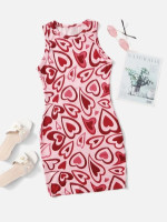 Girls Allover Heart Print Fitted Dress