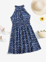Girls Dalmatian Print Shirred Waist Ruffle Hem Halter Dress