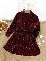 Girls Heart Print Shirred Raglan Sleeve Ruffle Hem Velvet Dress