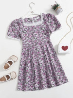 Girls Allover Floral Print Contrast Lace Dress
