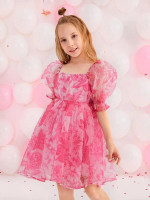 Girls Square Neck Puff Sleeve Floral Organza Dress