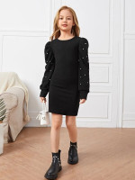 Girls Pearls Beaded Puff Sleeve Form Fitted Dress
