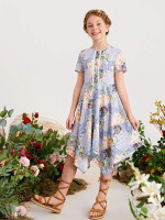 Girls Buttoned Front Lace Detail Asymmetrical Hem Ditsy Floral Dress