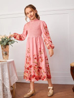 Girls Floral Bishop Sleeve Frill Shirred Dress