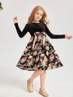 Girls Floral Print Big Bow Front Combo Dress