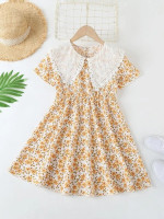 Girls Ditsy Floral Guipure Lace Trim Statement Collar Dress