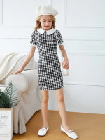 Girls Keyhole Back Houndstooth Print Fitted Dress