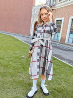 Girls Button Front Plaid Graphic Belted Shirt Dress