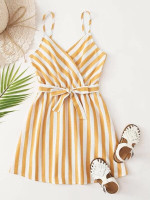 Girls Surplice Neck Self Belted Two Tone Striped Cami Dress