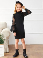 Girls Contrast Lace Lantern Sleeve Mock Neck Fitted Dress