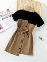 Girls Button Front Belted Combo Fitted Dress