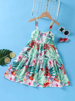 Girls Tropical Print Ruffle Hem Cami Dress