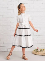 Girls Ruffle Trim Self Belted Lace Appliques Dress