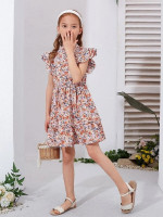 Girls Allover Floral Print Ruffle Armhole Dress