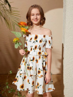 Teen Girls Off The Shoulder Frill Trim Floral Print Ruffle Hem Shirred Dress