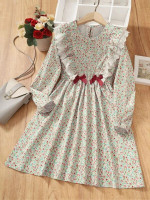 Girls Ditsy Floral Eyelet Embroidery Ruffle Trim Bow Front Dress