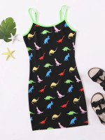 Girls Dinosaur Print Contrast Neon Binding Dress