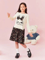 Girls Ditsy Floral & Rabbit Print Bow Front 2 In 1 Dress