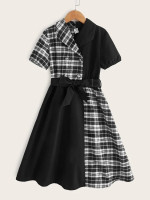 Girls Plaid Colorblock Graphic Double Button Belted Dress