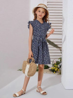 Girls Ditsy Floral Print Butterfly Sleeve Belted Dress