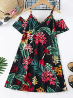 Girls Tropical Print Cold Shoulder Dress