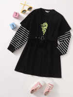 Girls Chinese Dragon Print Striped Sleeve 2 In 1 Dress