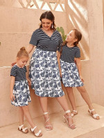 Girls 1pc Striped & Floral Print Dress