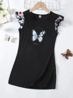 Girls Slogan & Butterfly Print Flutter Sleeve Tee Dress