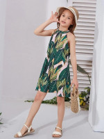Girls Tropical Print Halter Neck Dress