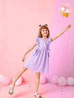 Girls Tie Side Ruffle Trim Eyelet Embroidered Dress