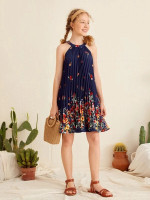 Teen Girls Floral Print Pleated Halter Dress