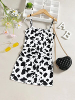 Girls Cow Print Ruched Cami Dress