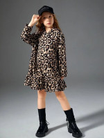 Girls Leopard Drop Shoulder Hooded Ruffle Hem Dress