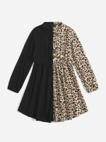 Girls 1pc Contrast Leopard Half Button Shirt Dress