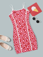 Teen Girls Plaid & Strawberry Print Tape Detail Cami Dress