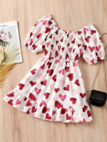 Girls Heart Print Shirred Ruffle Hem Dress