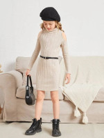 Girls Turtleneck Cold Shoulder Ribbed Knit Dress Without Belt